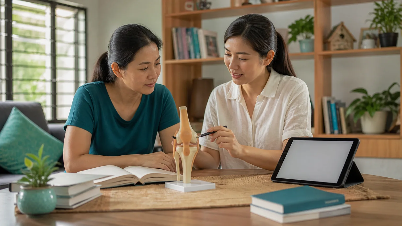 Physiotherapy health education research with books and a joint model