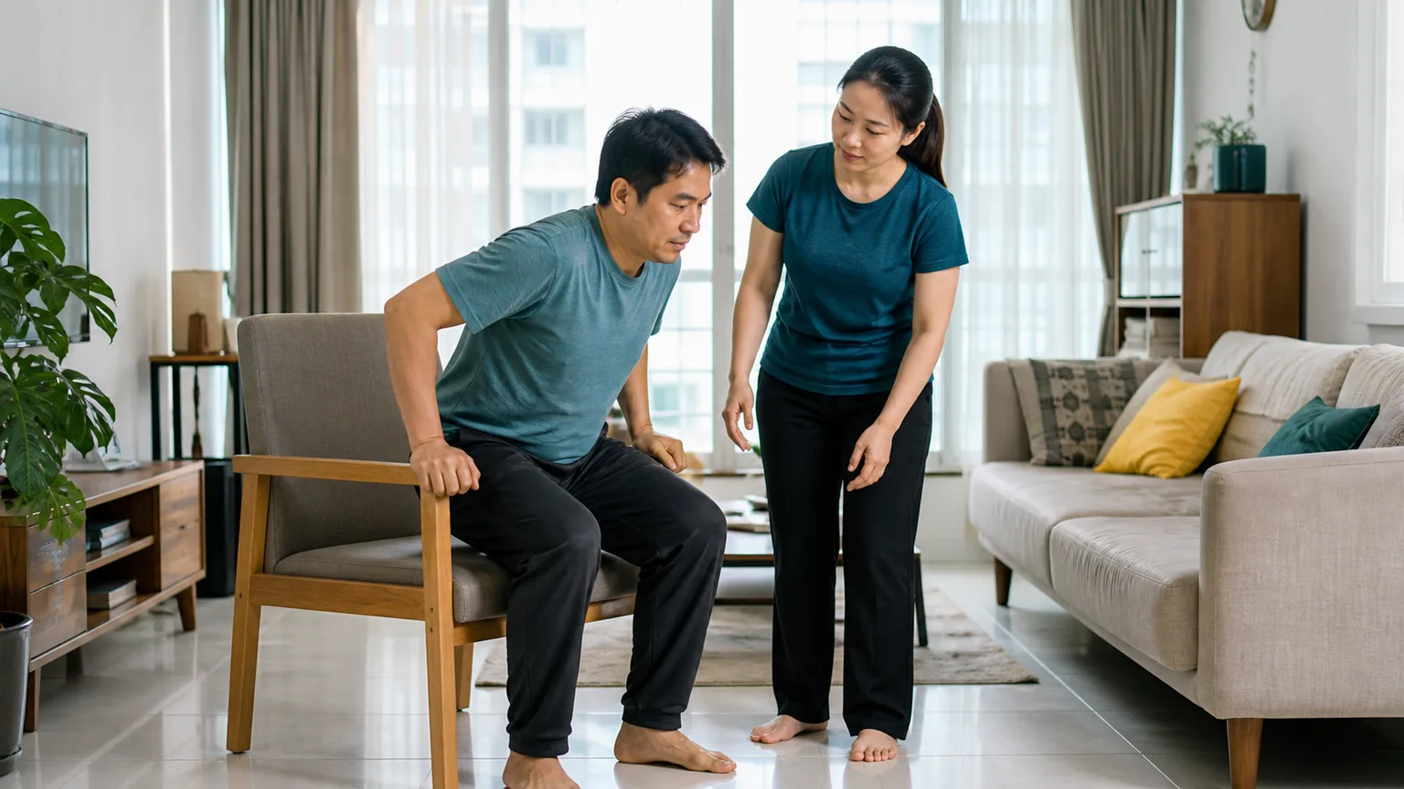 Physiotherapist observing functional movement during a home assessment