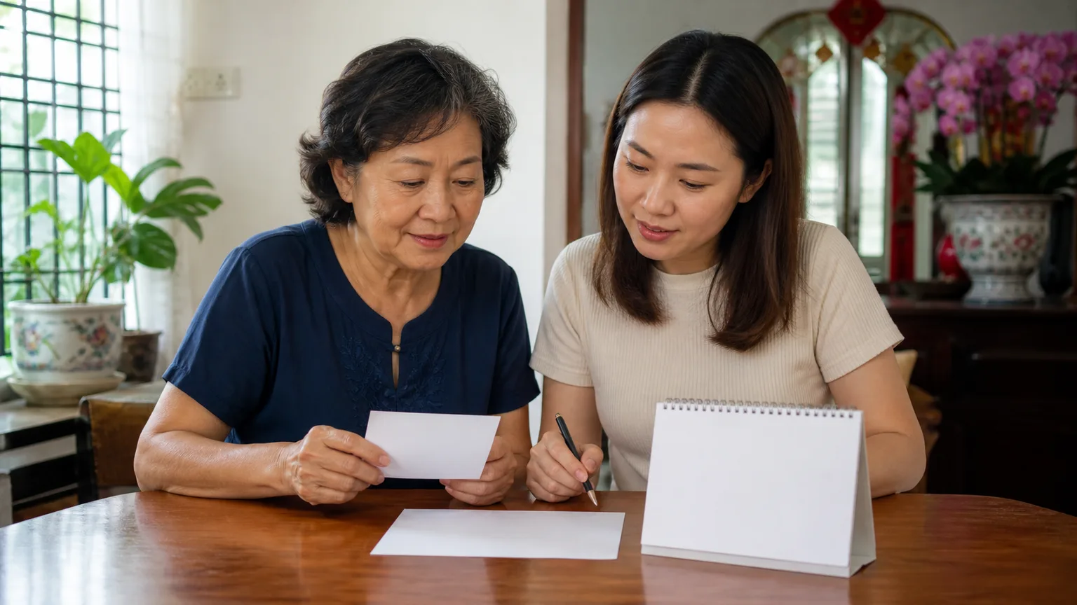 Chinese Malaysian family preparing details for a home physiotherapy enquiry