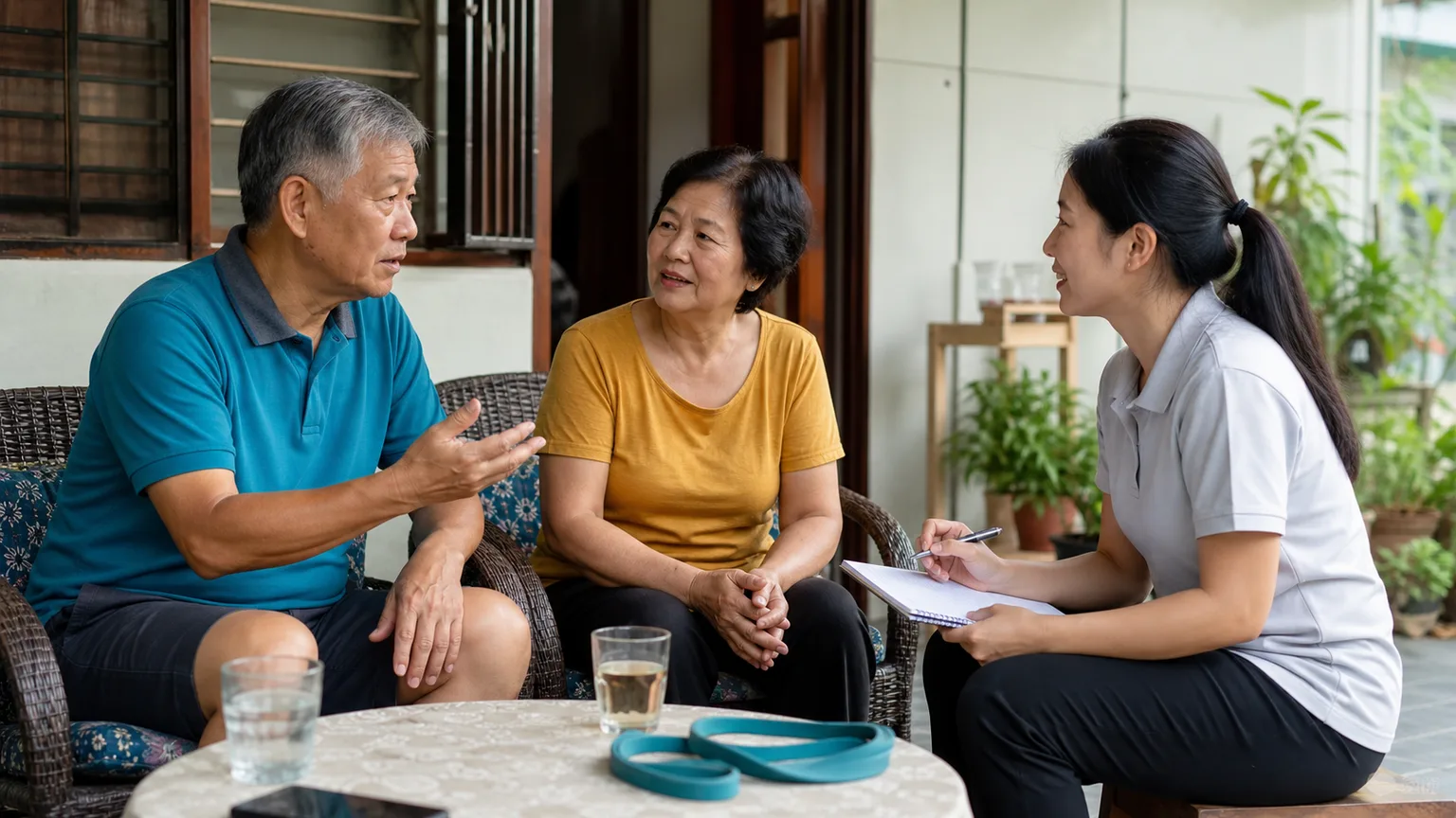 Family asking practical questions about home physiotherapy