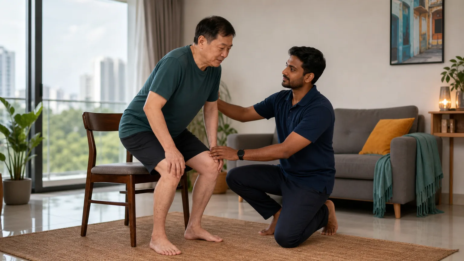 Chinese Malaysian patient practising sit-to-stand movement with an Indian Malaysian physiotherapist at home