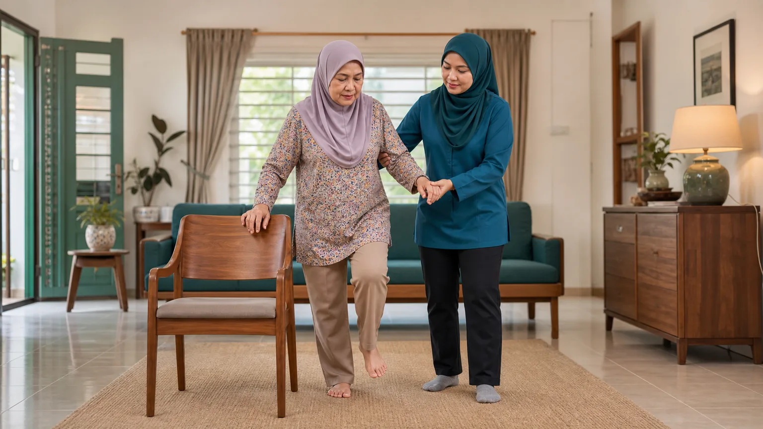 Malay Malaysian older adult practising balance with a physiotherapist at home