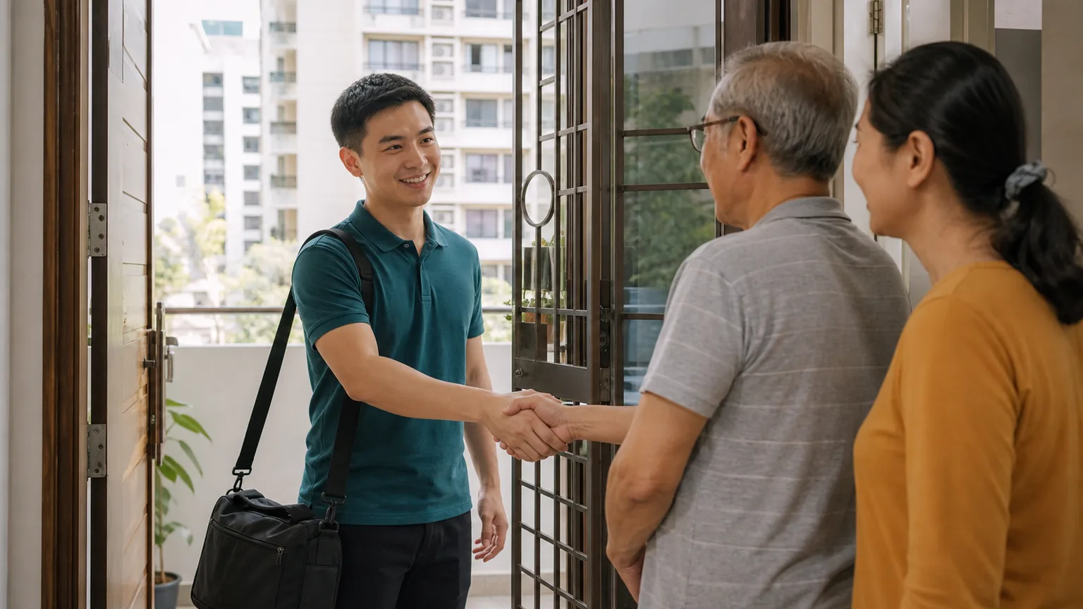 Physiotherapist arriving for a home visit in a Penang residential building