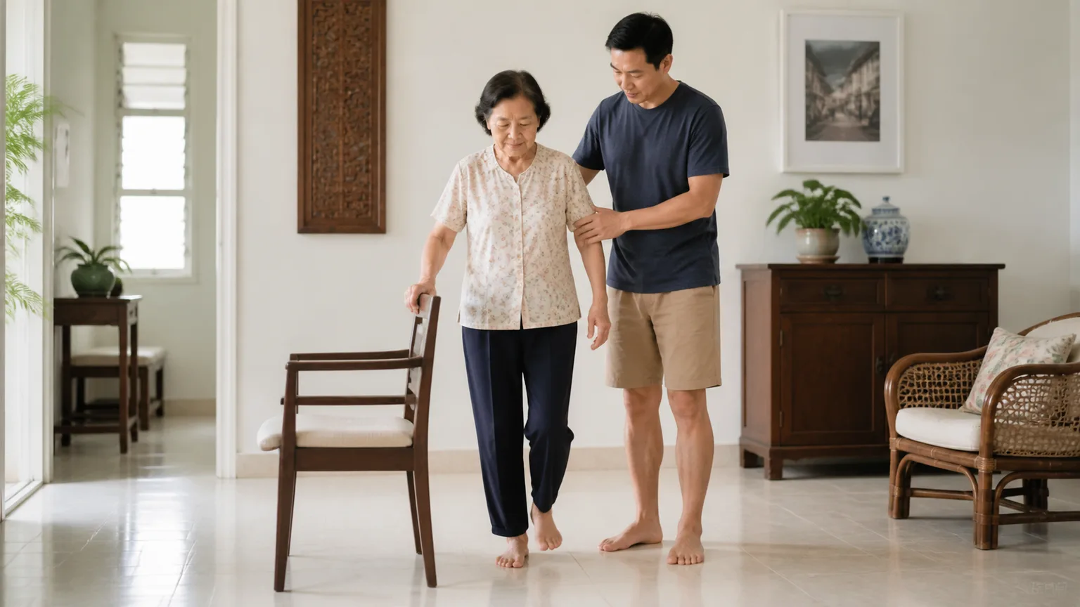 Chinese Malaysian older adult practising a safe everyday movement with family support