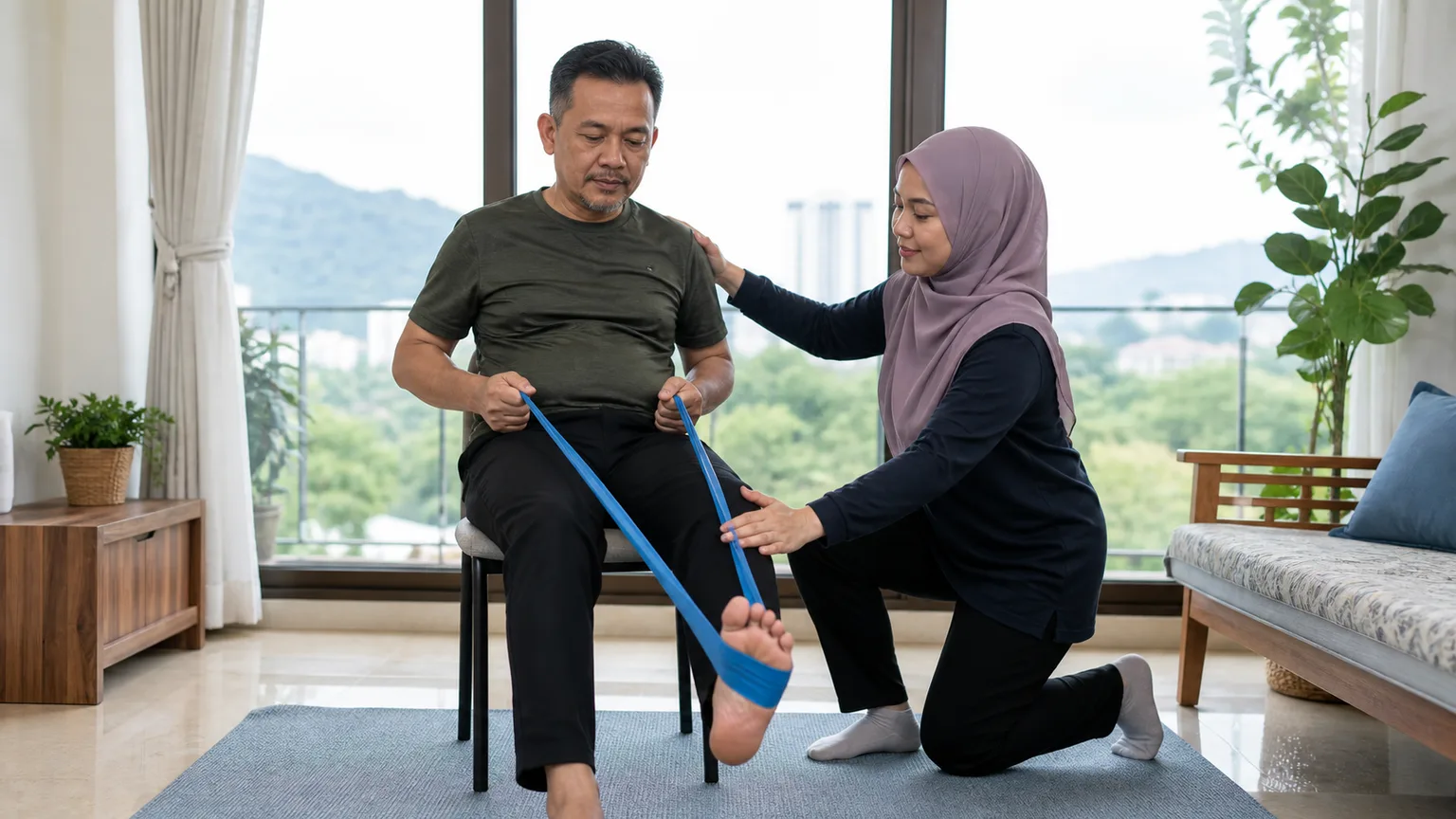 Pesakit Melayu Malaysia melakukan senaman terapeutik menggunakan jalur rintangan di rumah