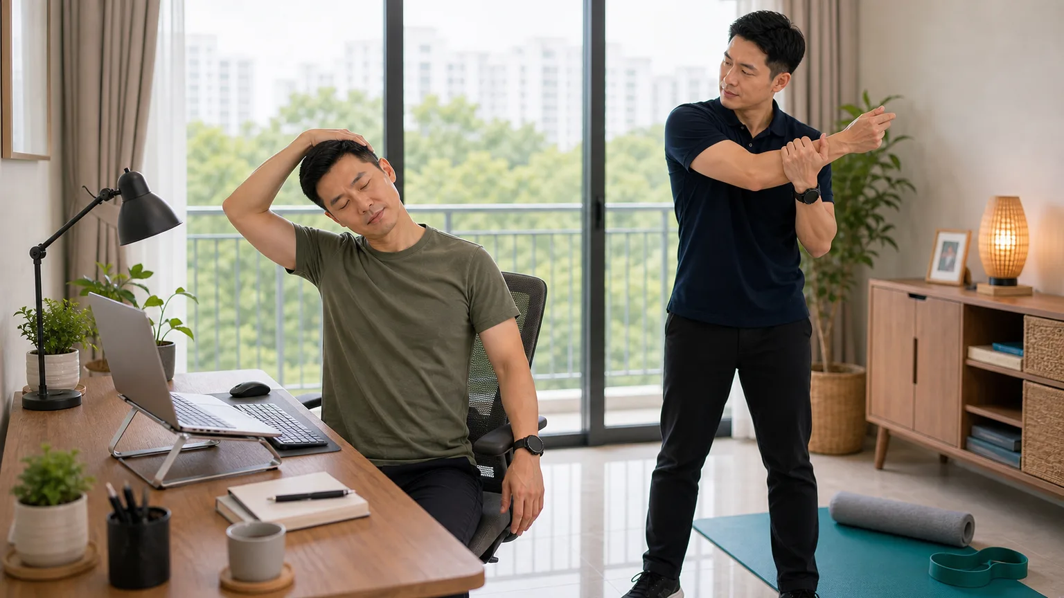 Desk worker doing a gentle stretch beside a home workstation
