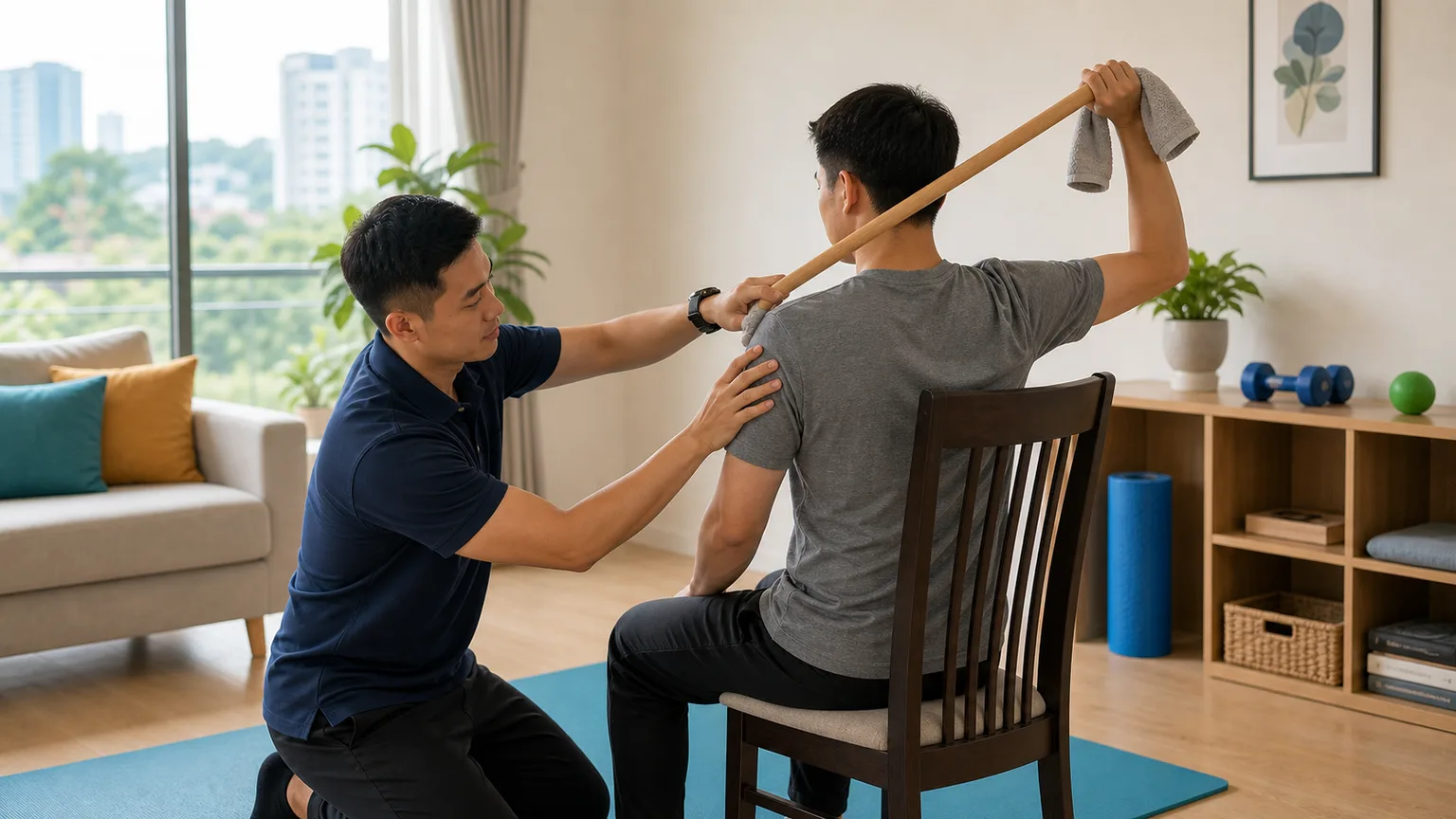 Frozen shoulder range of motion exercise with a home physiotherapist