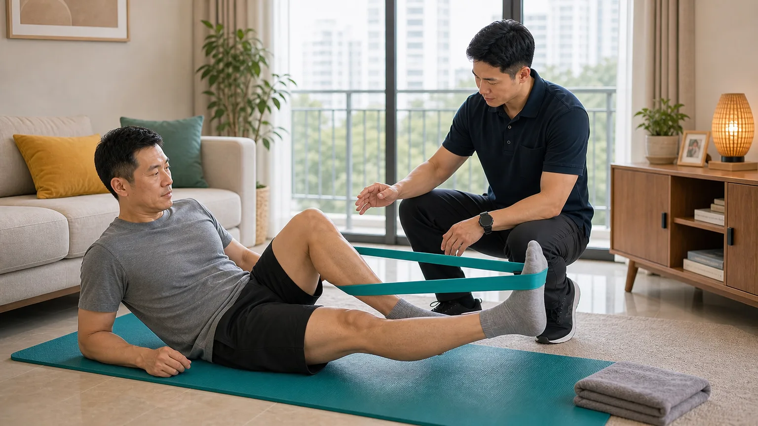 Resistance band exercise for muscle strain recovery at home