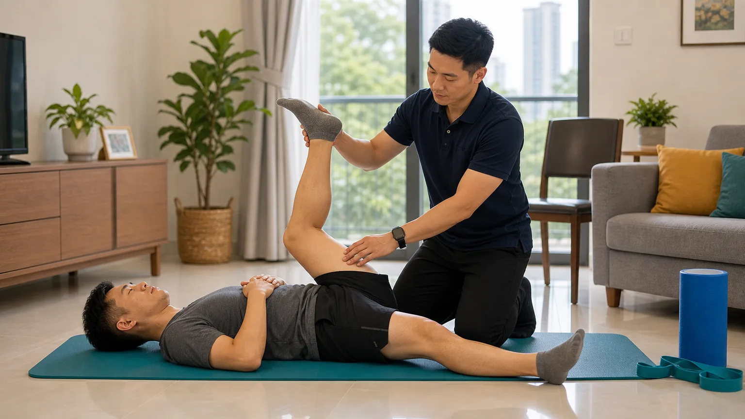 Sciatica mobility exercise guided by a physiotherapist at home