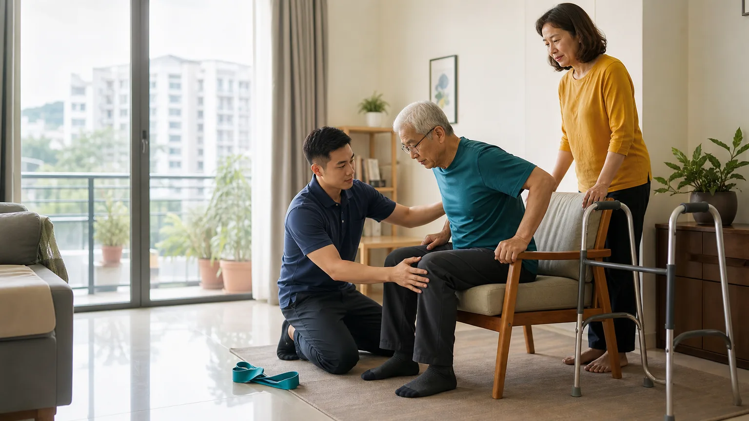 Home visit physiotherapist assessing an older adult in a Penang apartment living room