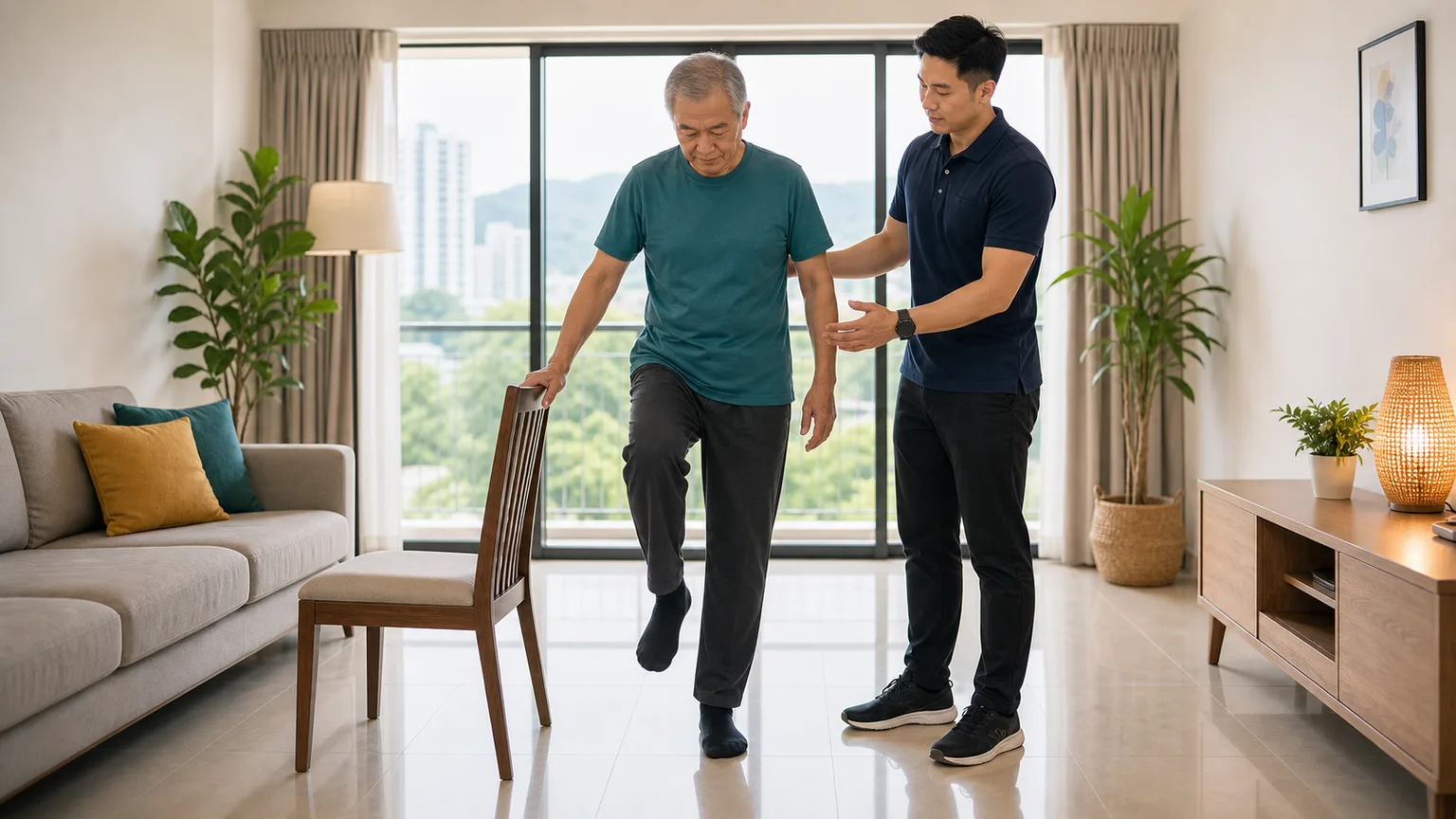 Balance training beside a sturdy chair during home physiotherapy