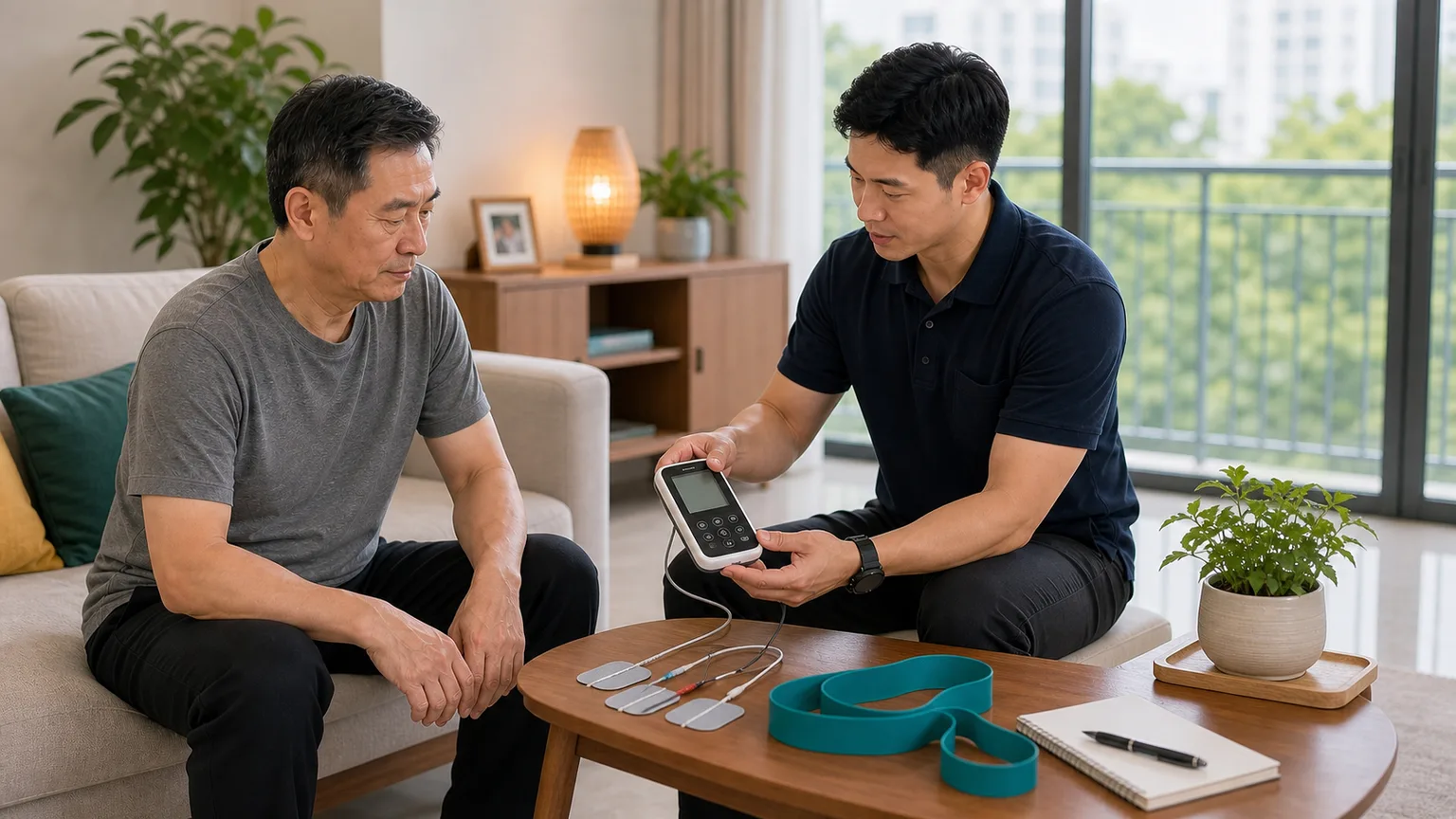 Electrotherapy equipment explained during a home physiotherapy visit