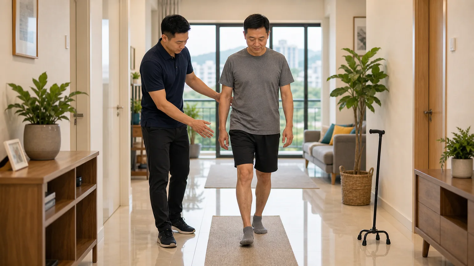 Gait training in a home corridor with physiotherapist support